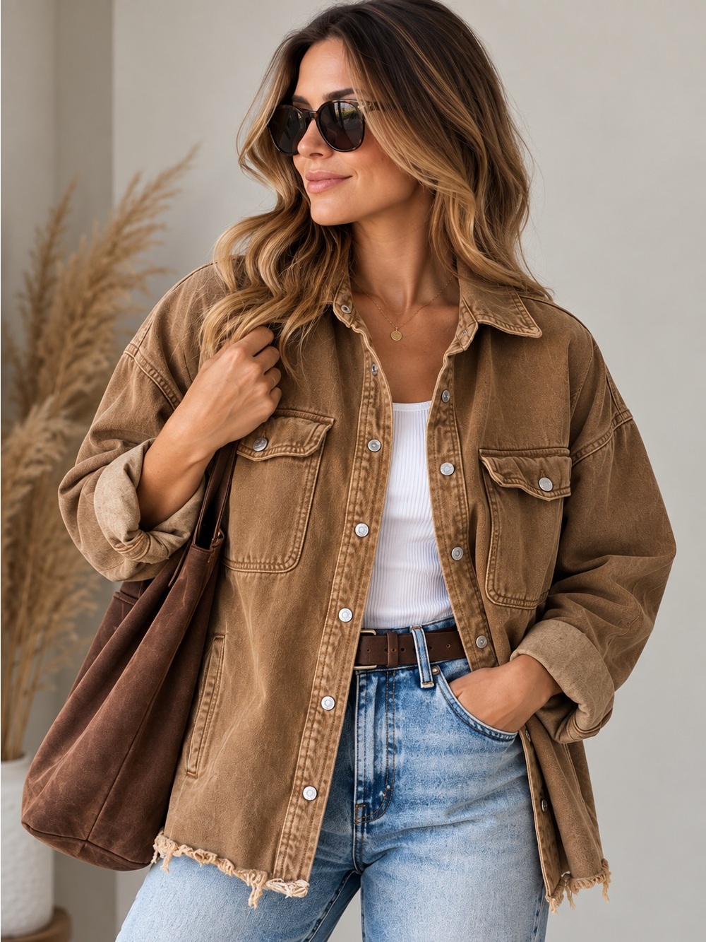 Mavi Toasted Brown Denim Oversized Jacket Raw Hem Utility Western Boho Shacket